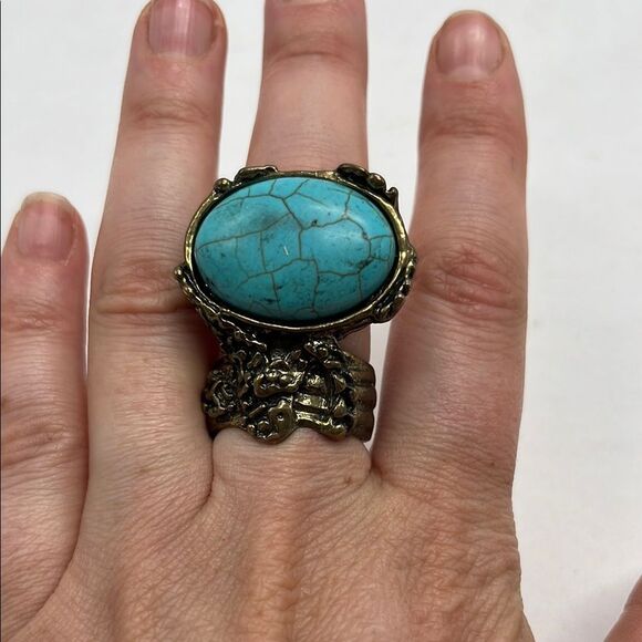 Chunky Blue & Bronze Toned Costume Ring - Picture 1 of 9